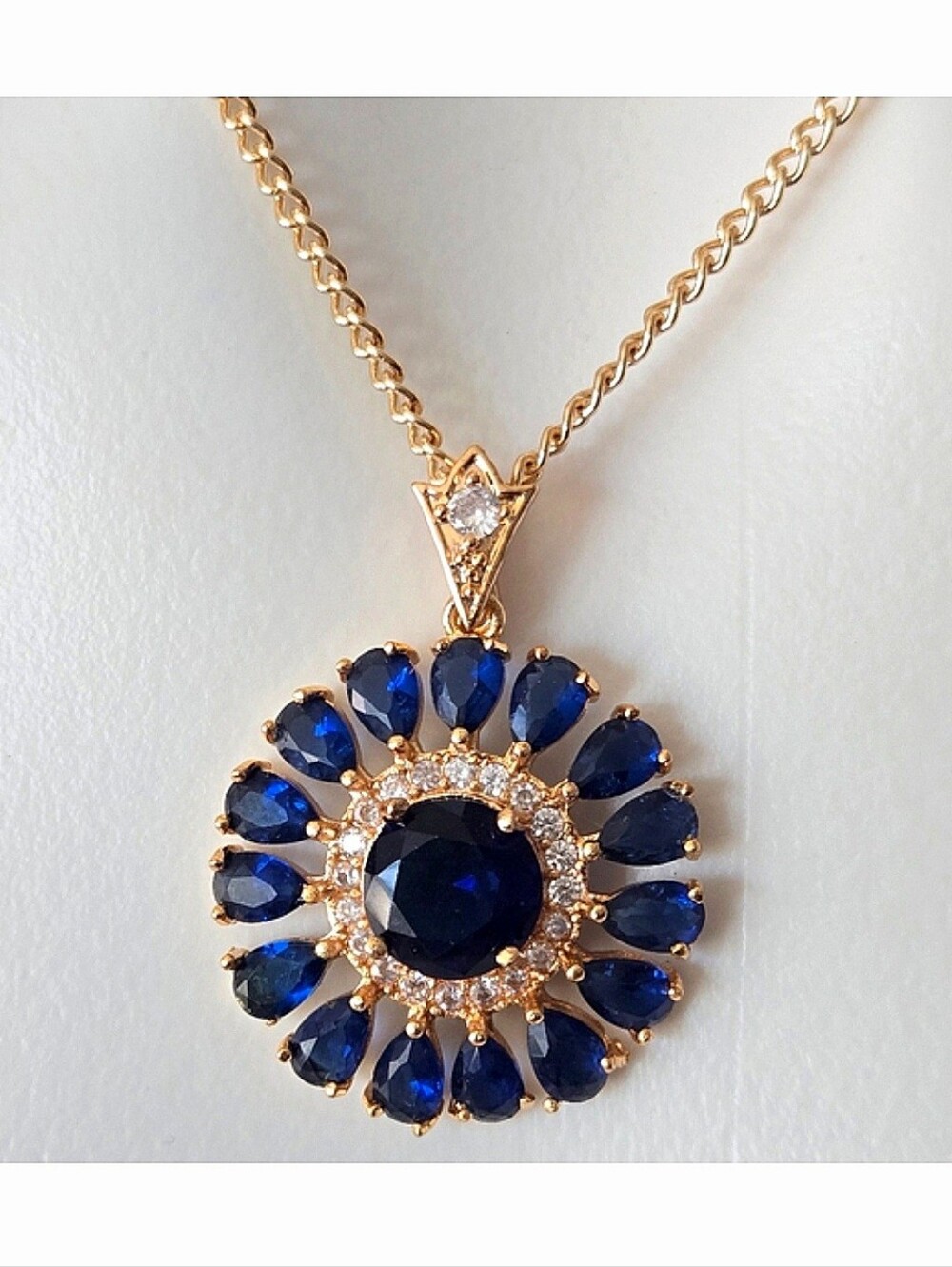 Blue and Gold Rhinestone Flower Pendant Necklace